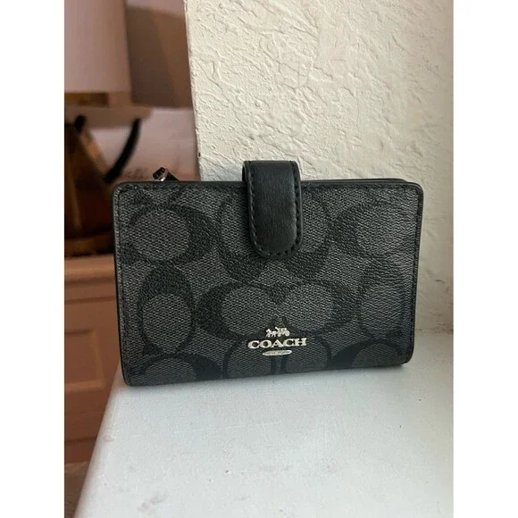 Coach F23553 Signature Monogram Medium Corner Zip Wallet in Black and Gray - Picture 2 of 12